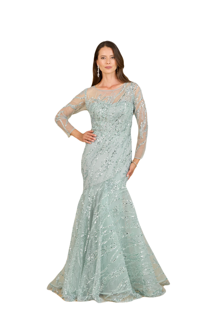 Long Sleeve Mermaid Beaded Gown, Alternate, color, Seafoam