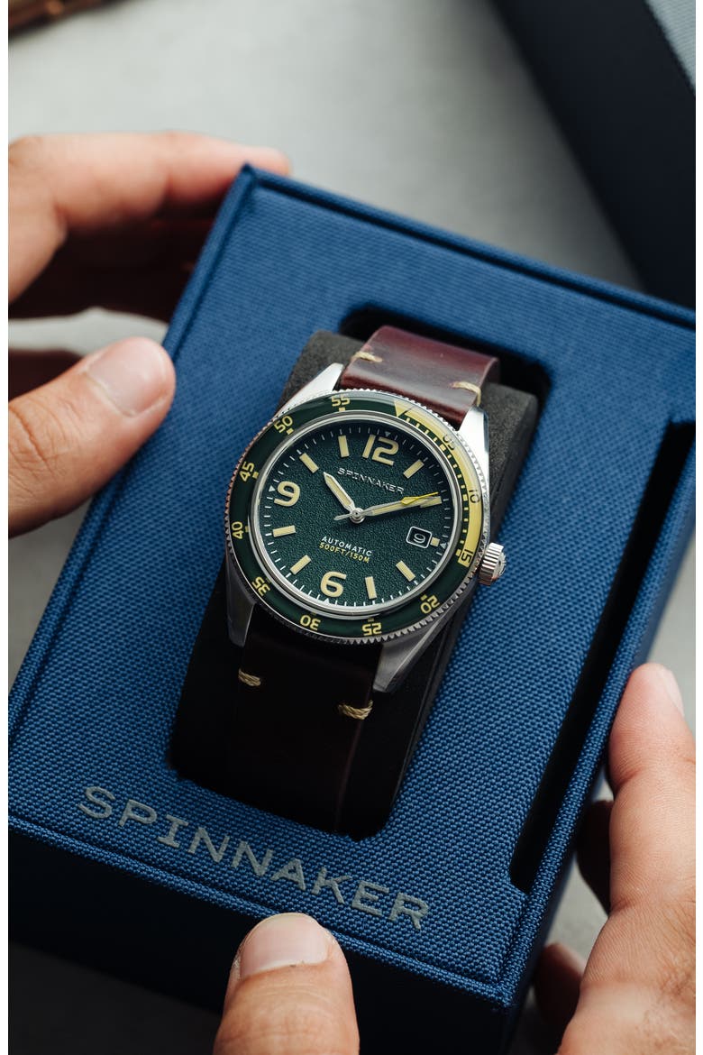 Fleuss Automatic Leather Strap Watch, 43mm, Alternate, color, GREEN