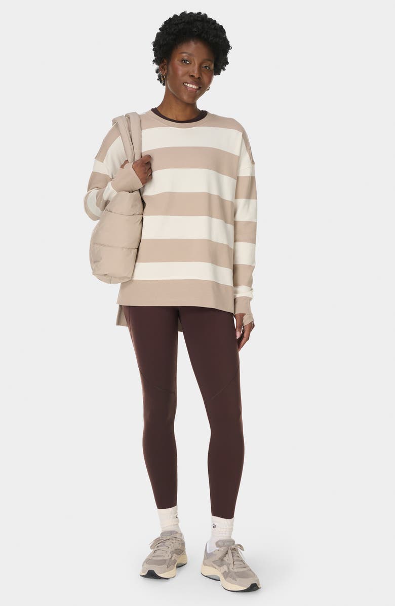 Sweaty Betty After Class Stripe Longline Sweatshirt, Alternate, color, White/ Dusk Beige Large Stripe