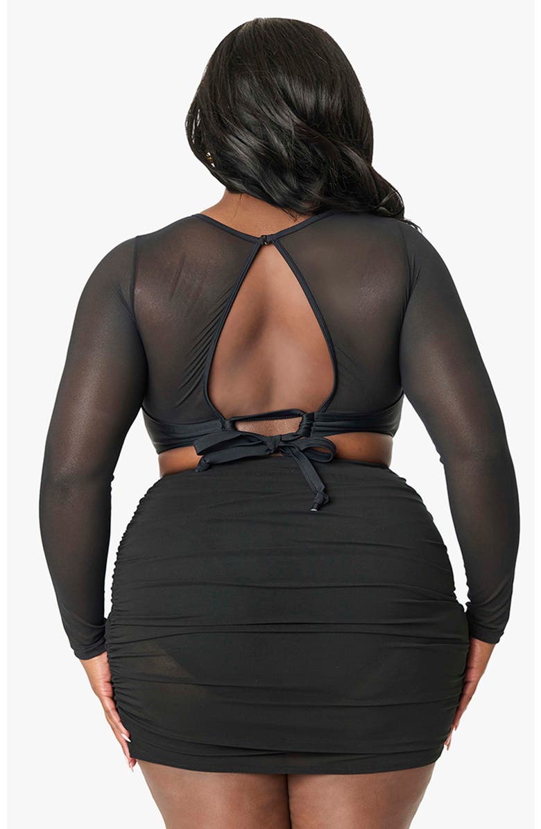 Unique Vintage Plus Size Mesh Long Sleeve Swim Top, Alternate, color, Black