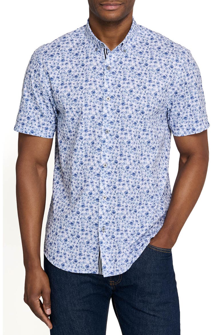 Greenpoint Garden Short Sleeve Button Down Performance Shirt, Main, color, WHITE/BLUE