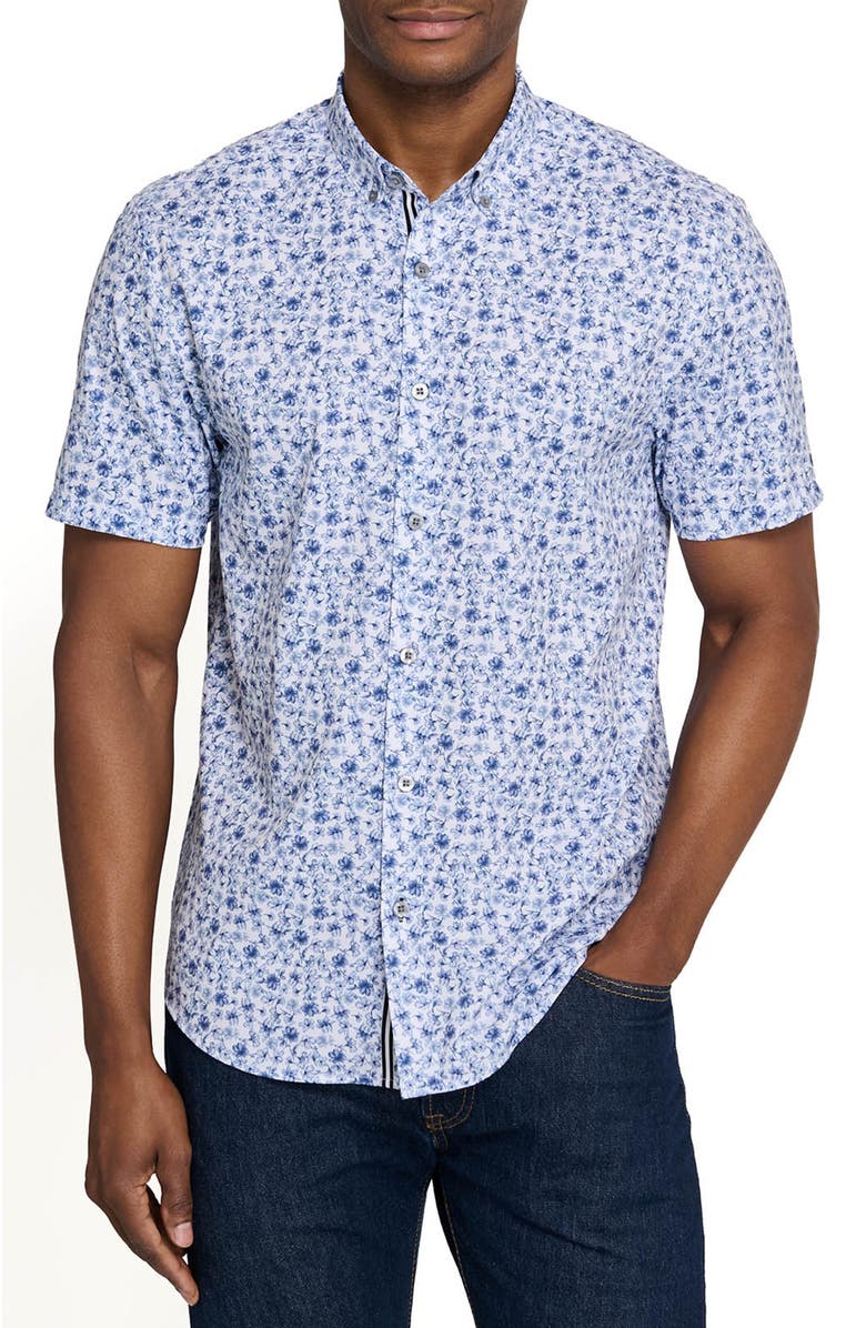 Brooklyn Brigade Greenpoint Garden Short Sleeve Button Down Performance Shirt, Main, color, White/Blue