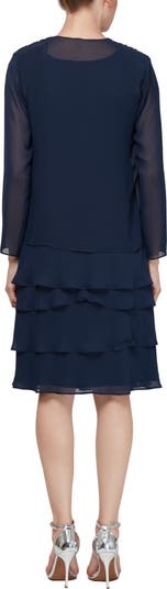 SLNY Tiered Chiffon Cocktail Dress with Jacket