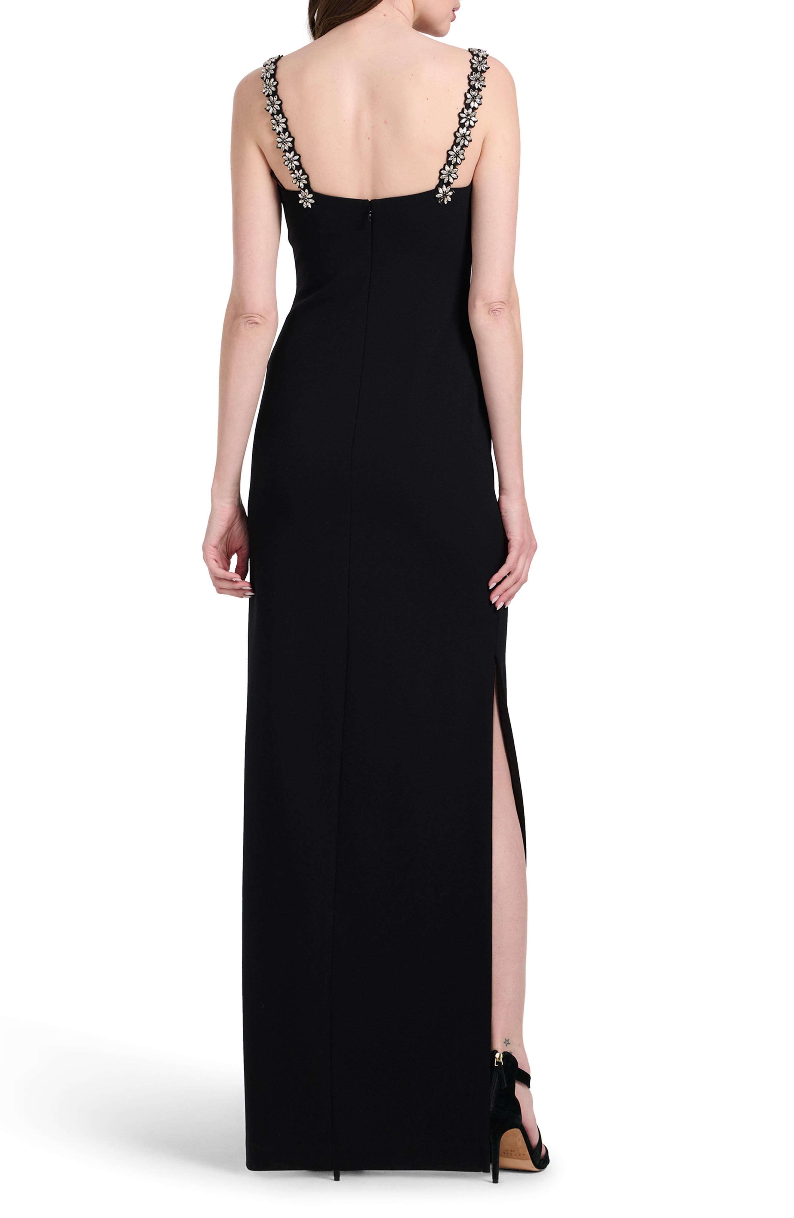EMILY SHALANT Crystal Flower Strap Stretch Crepe Gown (Women) | Nordstrom