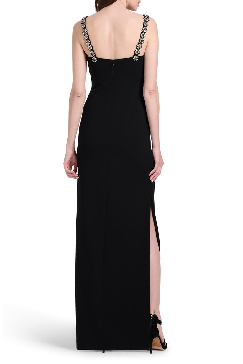 Crystal Flower Strap Stretch Crepe Gown, Alternate, color, BLACK