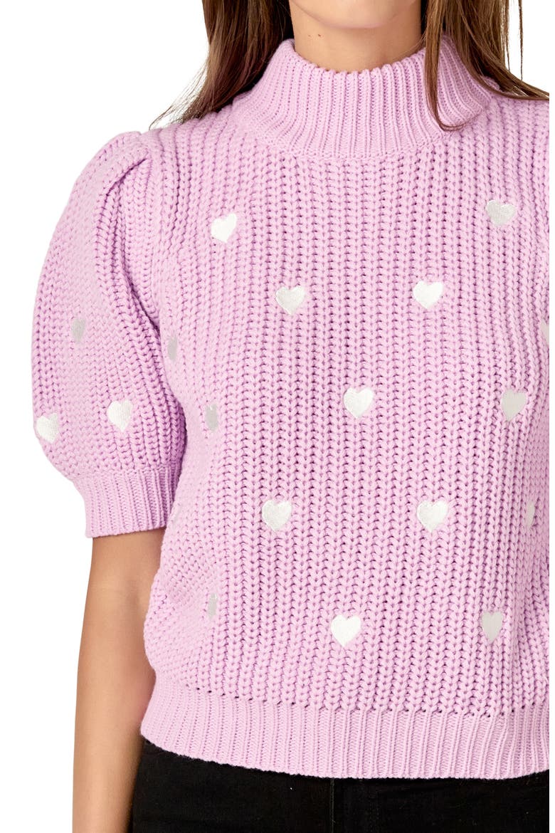 Heart Embroidered Puff Sleeve Sweater, Alternate, color, LILAC