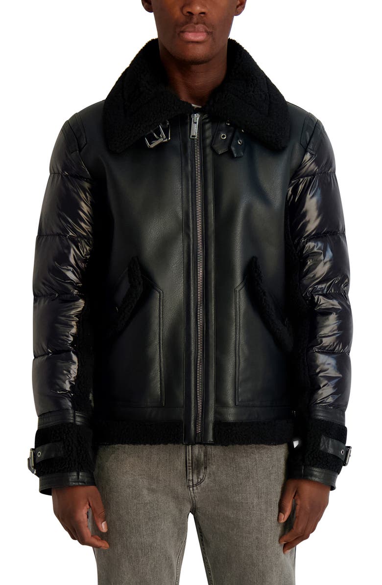 KARL LAGERFELD Mixed Media Bomber With Faux Fur Trim, Main, color, Black