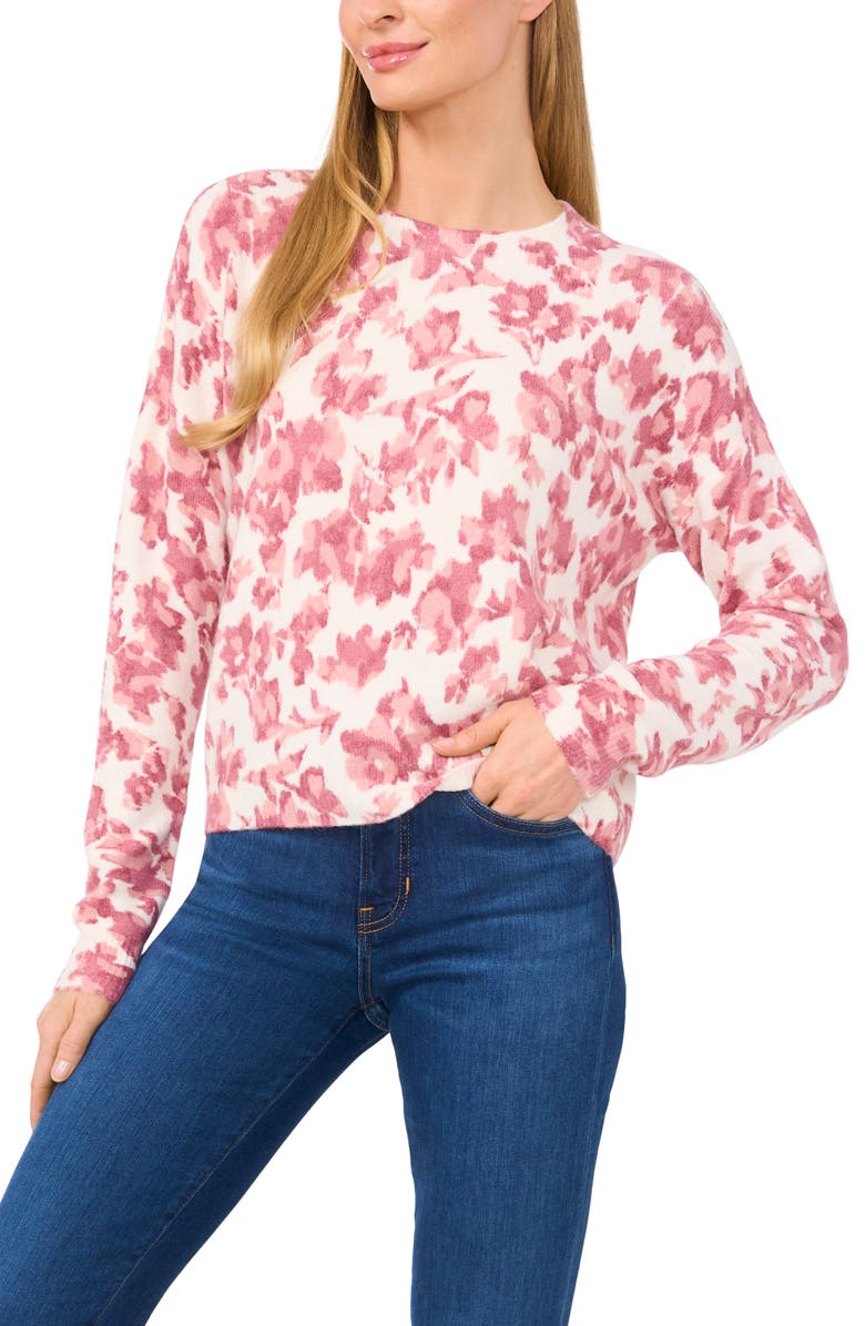 CeCe Floral Print Brushed Crewneck Sweater, Main, color, 