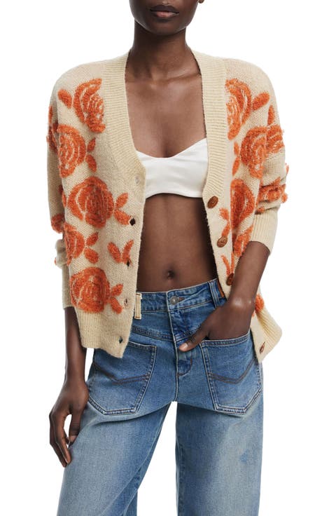 Floral Jacquard V-Neck Cardigan