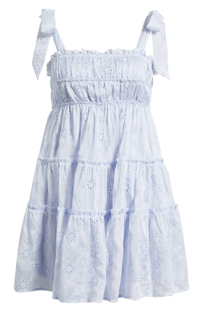 All in Favor Tiered Eyelet Mini Sundress, Main, color, Light Blue