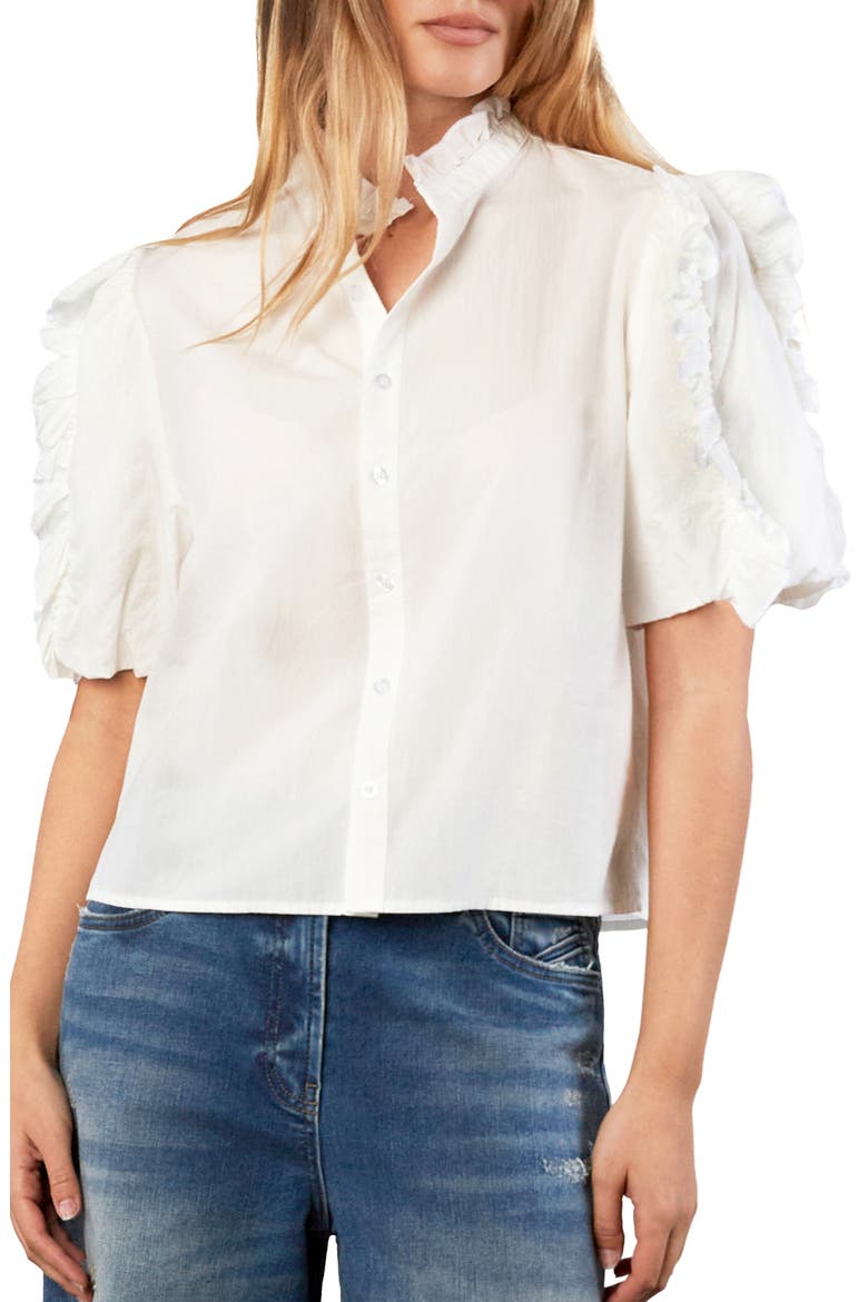 Ruffle Trim Cotton Button-Up Top, Main, color, BRIGHT WHITE
