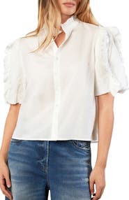 Wash Lab Denim Ruffle Trim Cotton Button-Up Top
