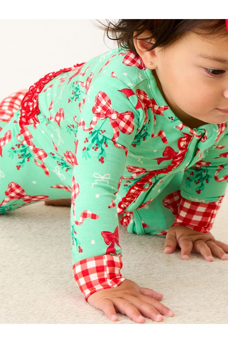 SoftSnooze Holiday Convertible Ruffle One Piece Pajama, Alternate, color, Mistlebows