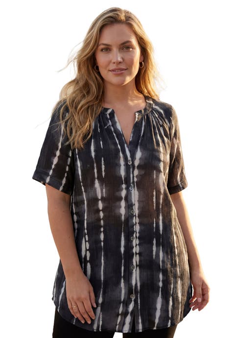 Plus Size Angelina Crinkle Crepe Y-Neck Short Sleeve Tunic (Plus)