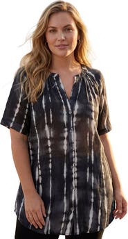 Roaman's Plus Size Angelina Crinkle Crepe Y-Neck Short Sleeve Tunic