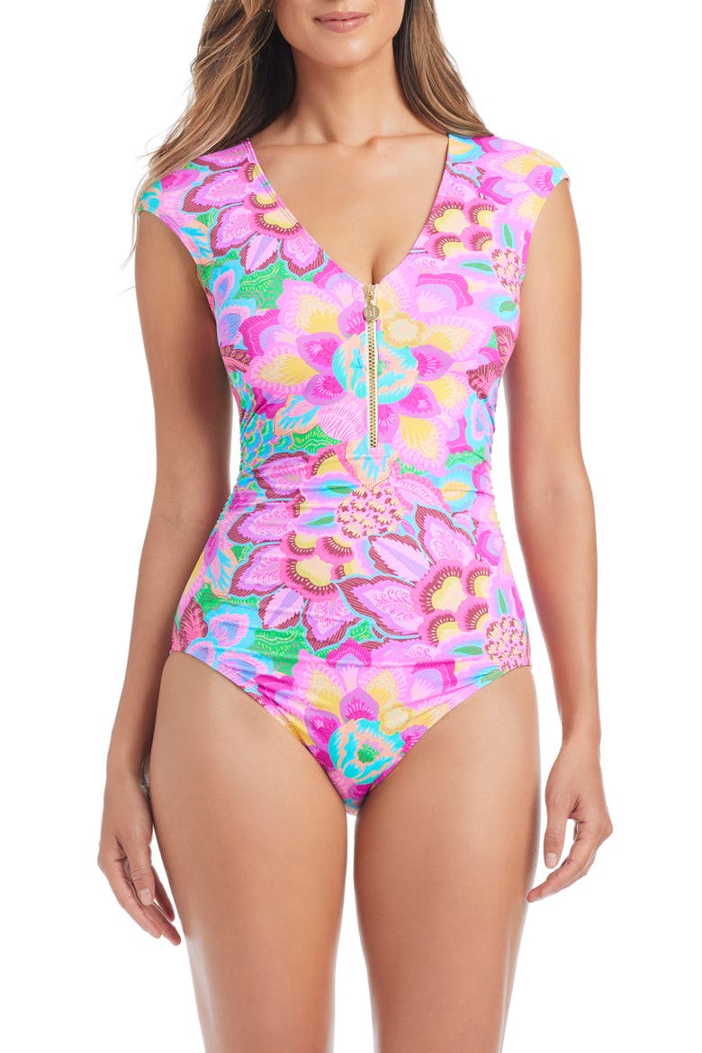 Cap Sleeve One-Piece Swimsuit, Main, color, PINK MULTI