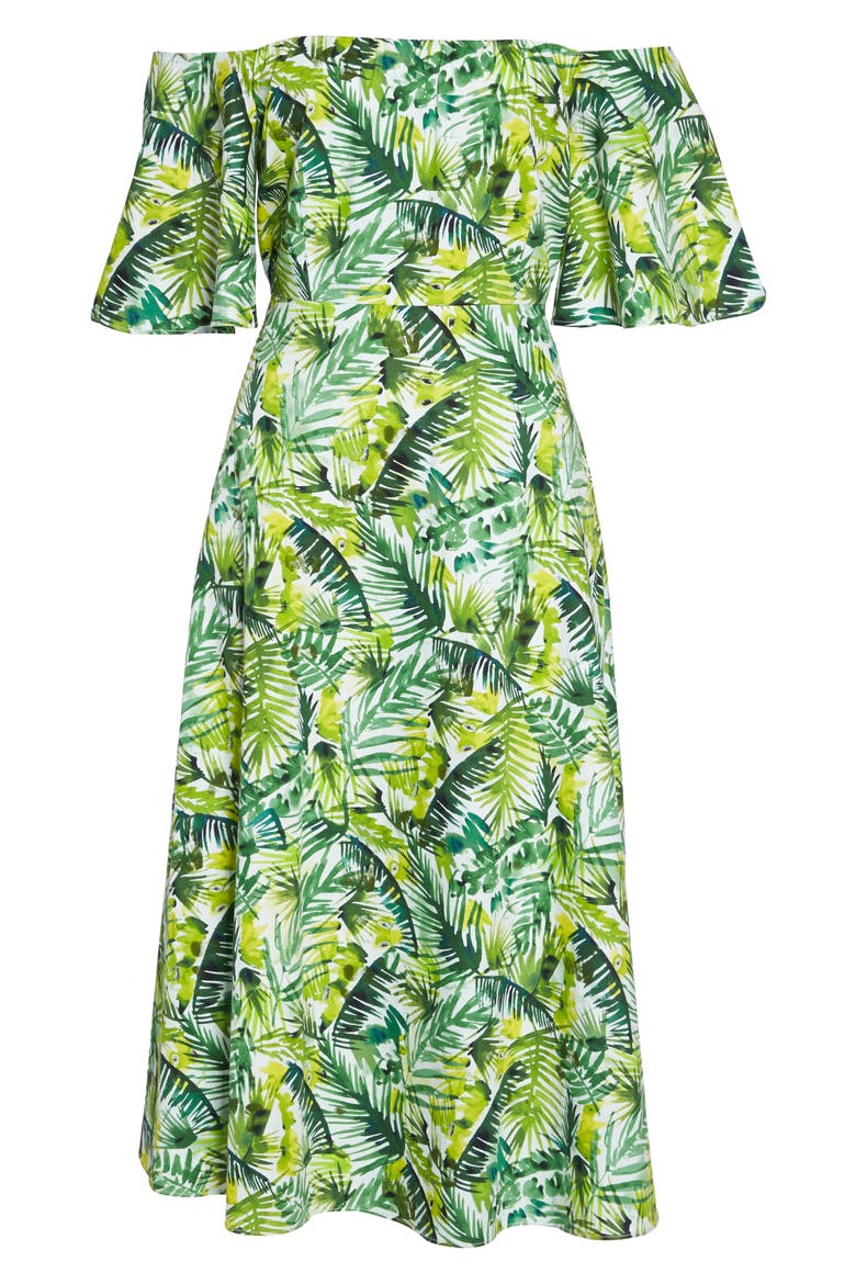 Palm Print Off the Shoulder Dress, Alternate, color, SOFT WHITE/ GREEN