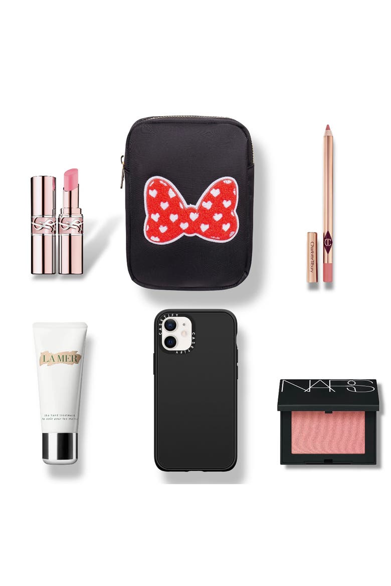 Mini Heart Bow Cosmetics Bag, Alternate, color, BLACK/RED