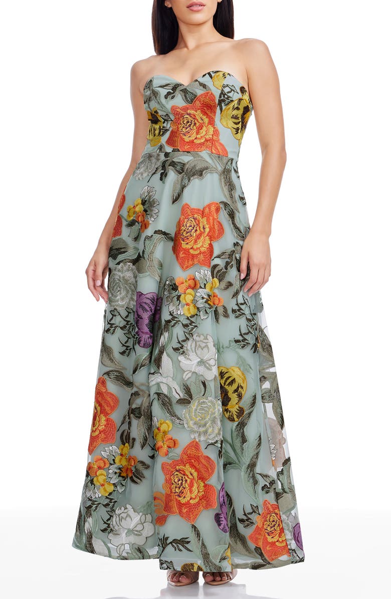 Dress the Population Connor Embroidered Strapless Cocktail Maxi Dress, Main, color, Sage Multi