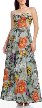 Dress the Population Connor Embroidered Strapless Cocktail Maxi Dress