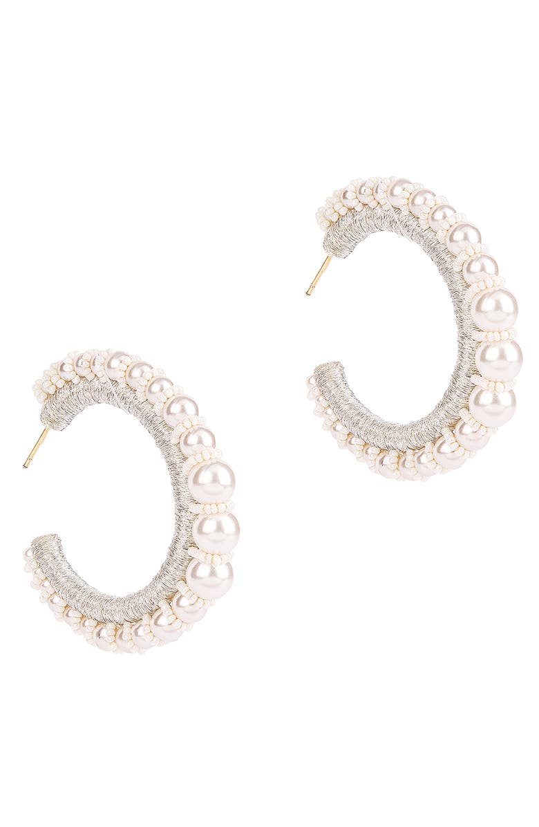 Deepa Gurnani Peppa Faux Pearl Beaded Hoop Earrings, Main, color, Ivory