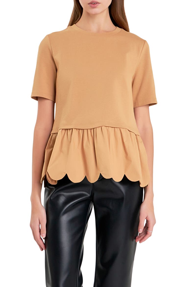 Mixed Media Scallop Peplum Cotton Top, Alternate, color, TAN