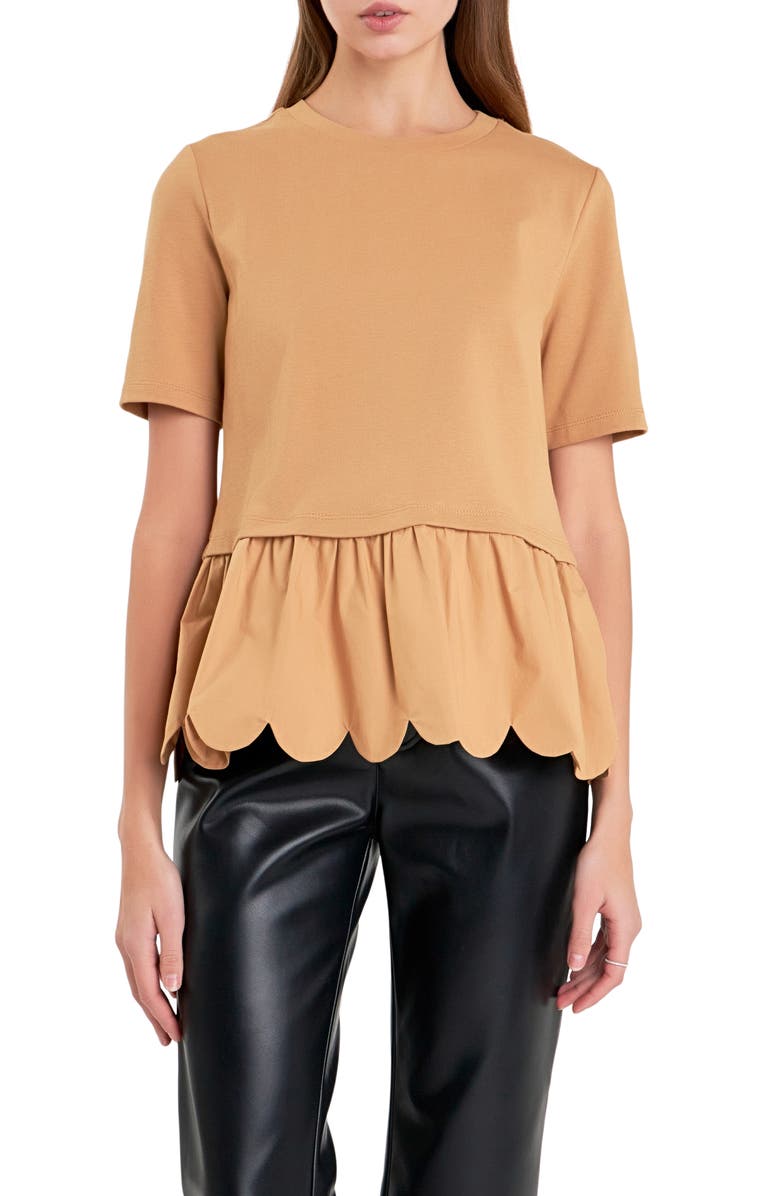 English Factory Mixed Media Scallop Peplum Cotton Top, Alternate, color, Tan