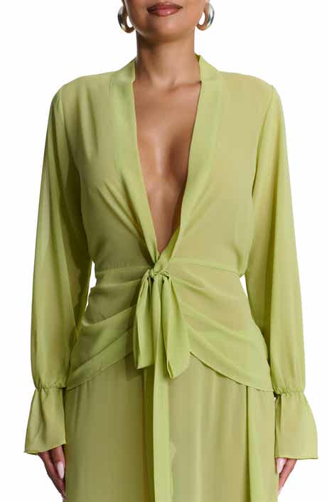Naked Wardrobe Plunge Tie Front Chiffon Top