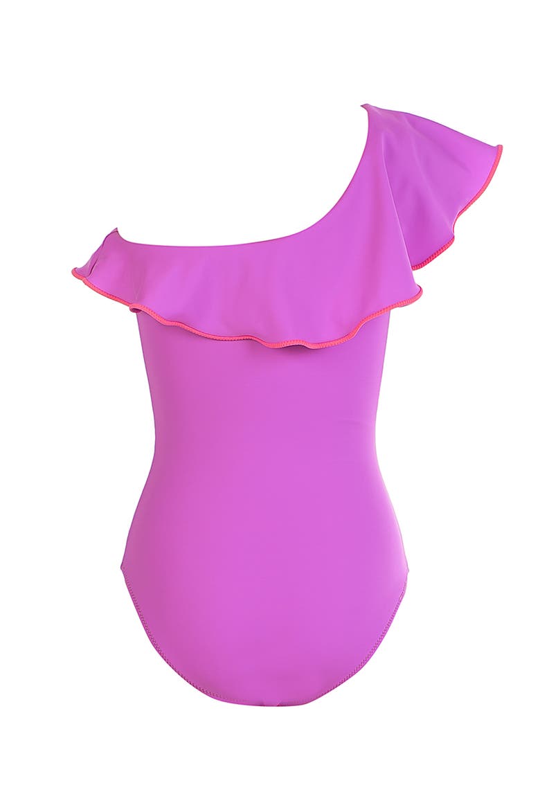 One-Shoulder Vibrant Diagonal Blocked  One-Piece Swimsuit, Alternate, color, Purple-Pink