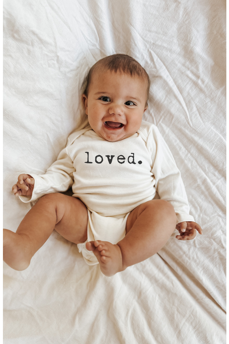 Loved - Organic Long Sleeve Baby Bodysuit, Alternate, color, Natural Black Lettering