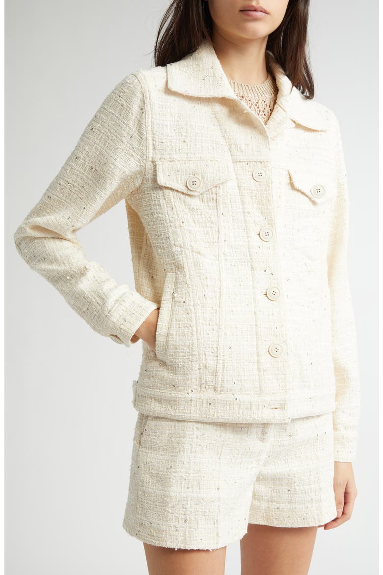Sequin Tweed Crop Trucker Jacket, Alternate, color, OFF WHITE