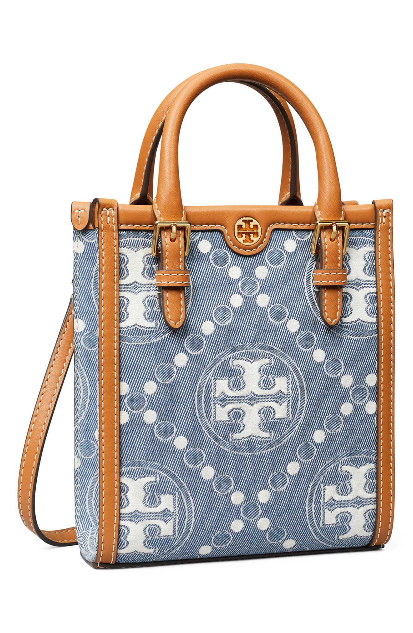 Tory Burch Mini T Monogram North/South Denim Tote, Alternate, color, 