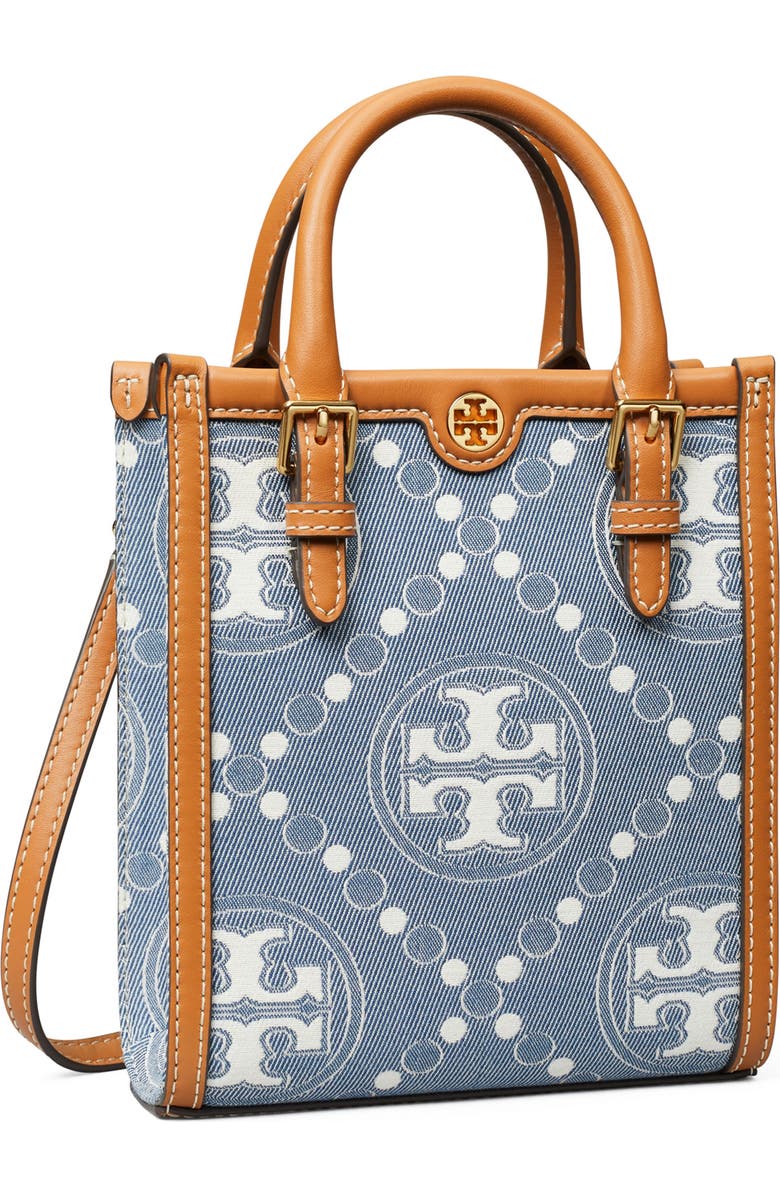 Tory Burch Mini T Monogram North/South Denim Tote, Alternate, color,