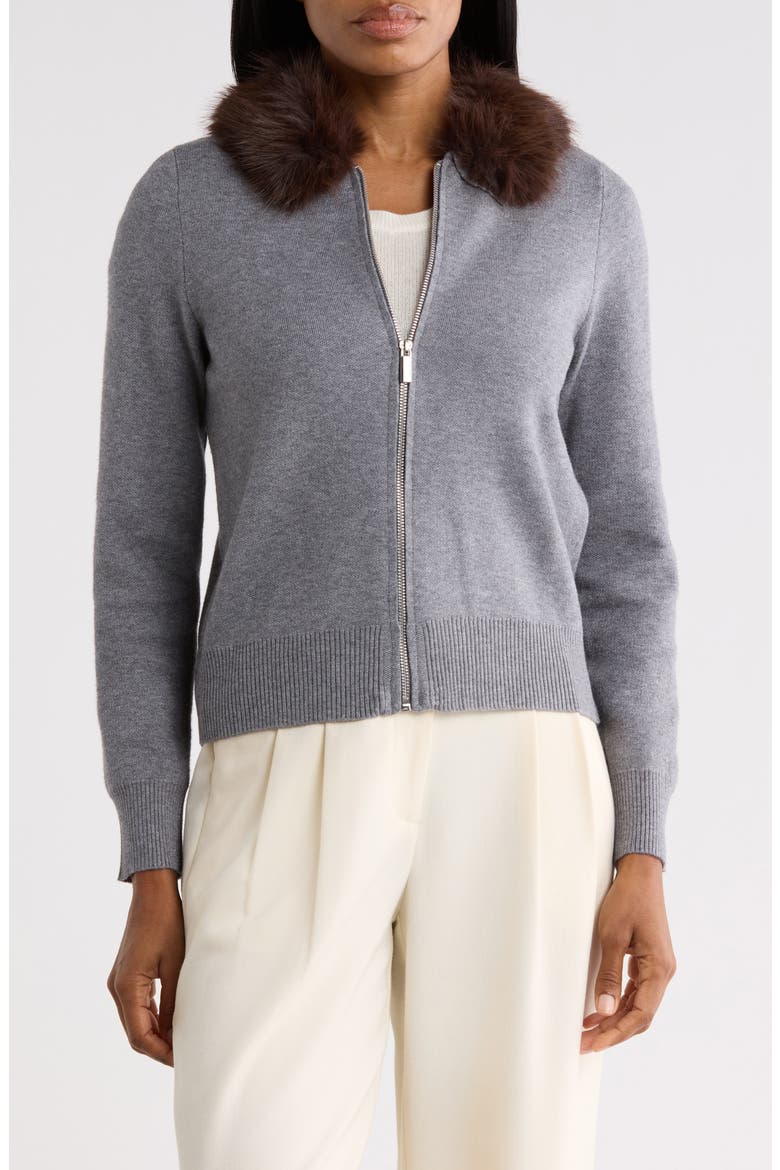 Faux Fur Collar Zip Sweater, Main, color, MEDIUM HTHR GREY