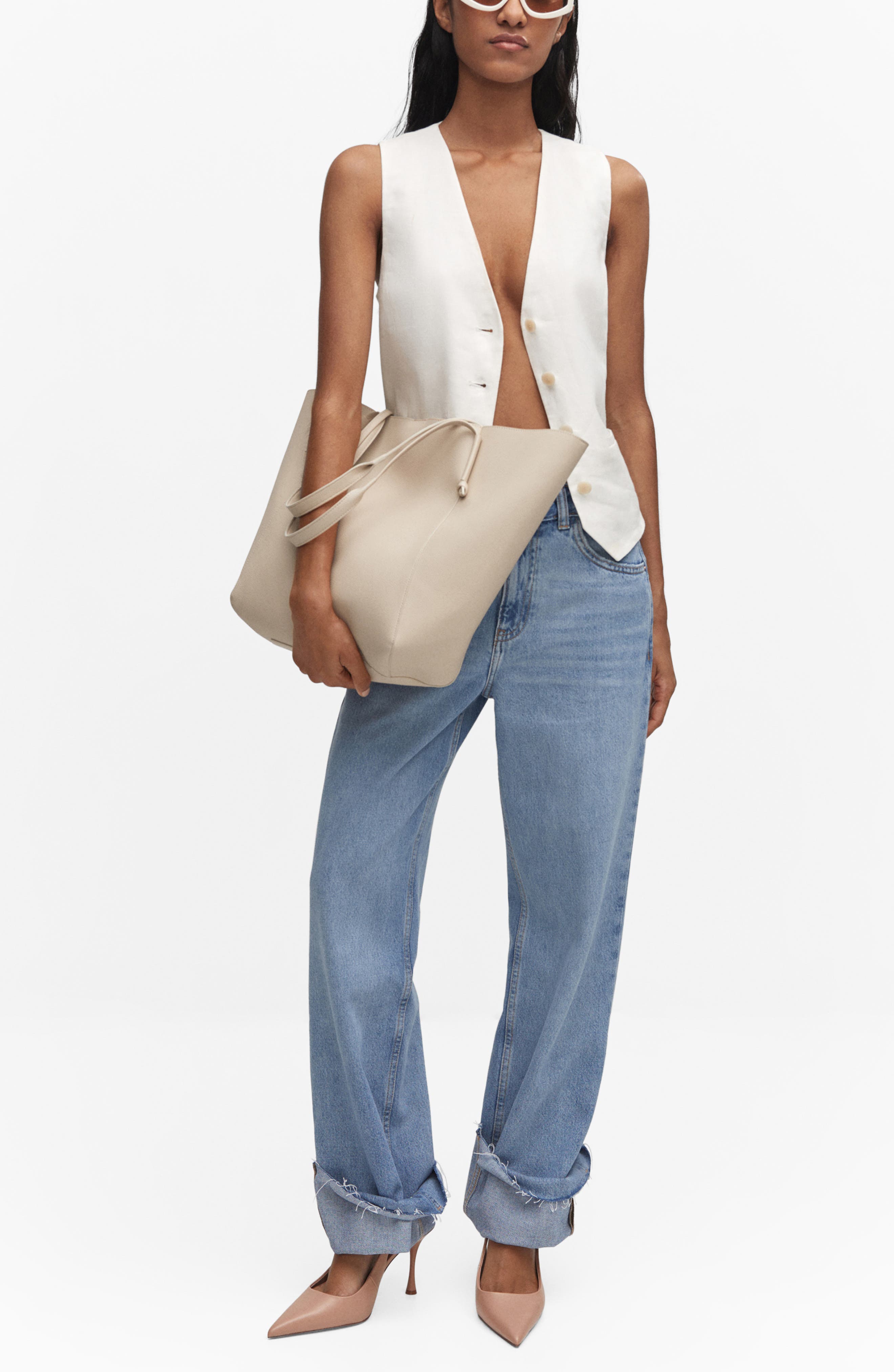 MANGO Knot Handle Faux Leather Shopper Bag, Alternate, color, 