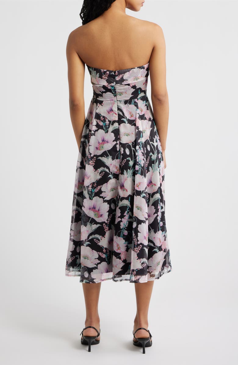 Lulus Elena Floral Strapless Cocktail Midi Dress, Alternate, color, Black Floral