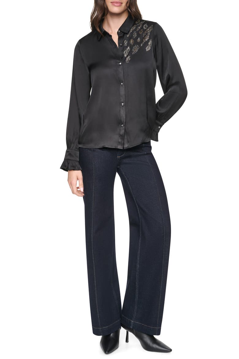 Animal Heat Set Studs Satin Button-Up Shirt, Alternate, color, BLACK