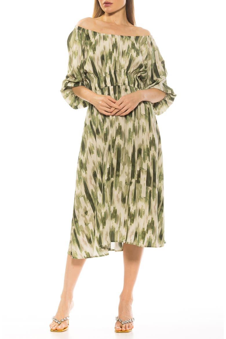 Emily Balloon Sleeve Fit & Flare Midi Dress, Main, color, GREEN ABSTRACT