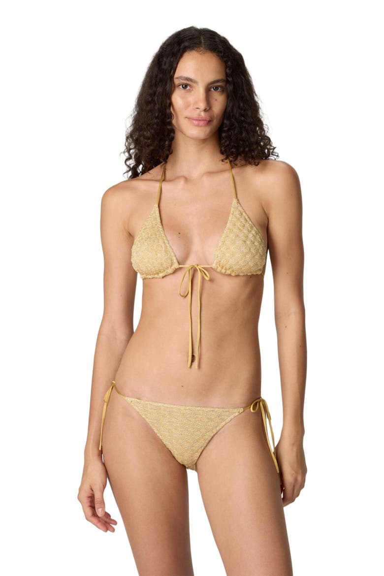 Triangle Bikini In Viscose Lamé With Raschel Knit, Main, color, Gold