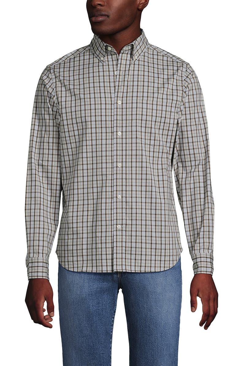 Lands' End Traditional Fit Long Sleeve Travel Kit Shirt, Main, color, Pale Gray/Ivory Plaid