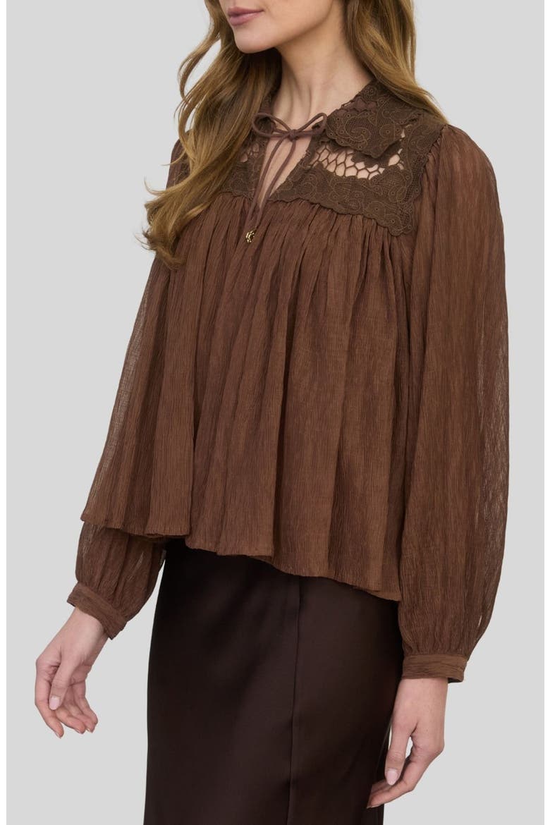 Lace Detail Tie Neck Top, Alternate, color, BROWN