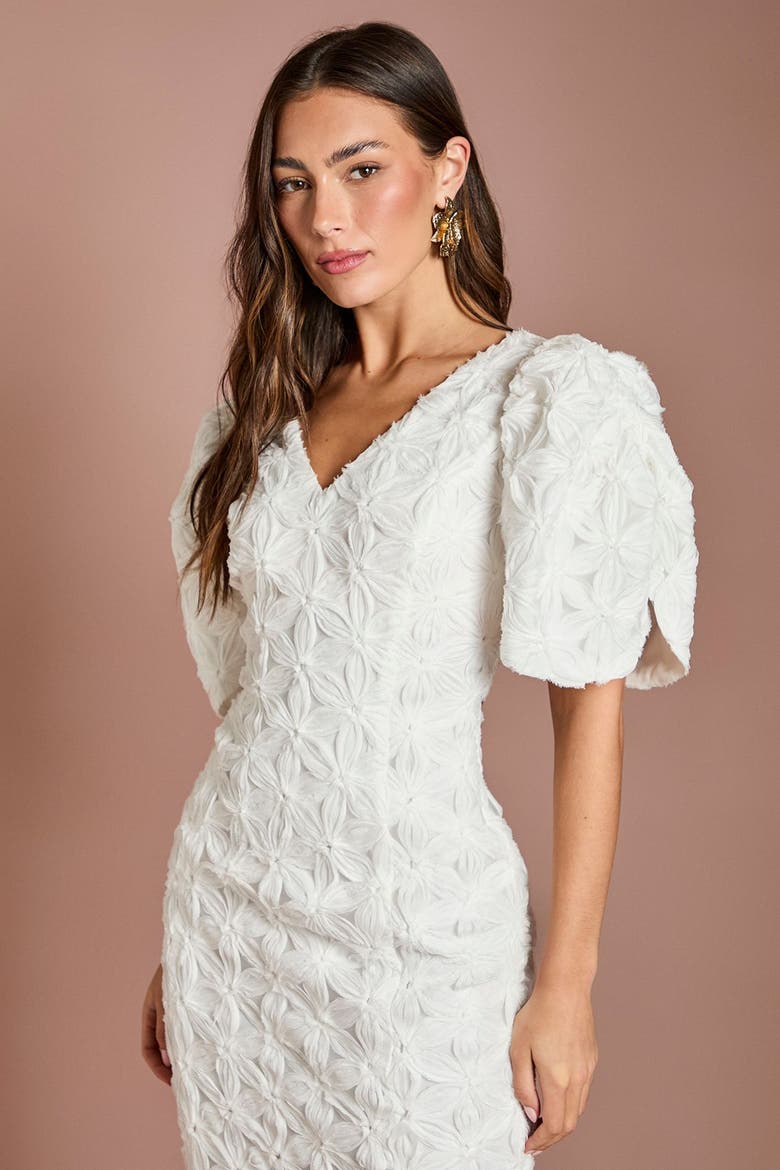 Floral Pleated Puff Sleeve Pencil Dress, Alternate, color, Ivory