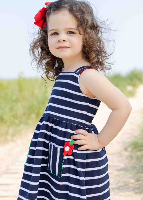 Florence Eiseman Stripe Knit Dress With Ric Rac And Flowers In Navy/white