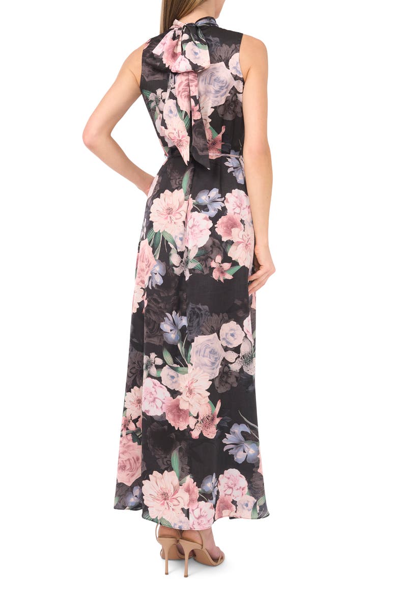 Floral Tie Neck Maxi Dress, Alternate, color, BLACK/ CORAL PINK