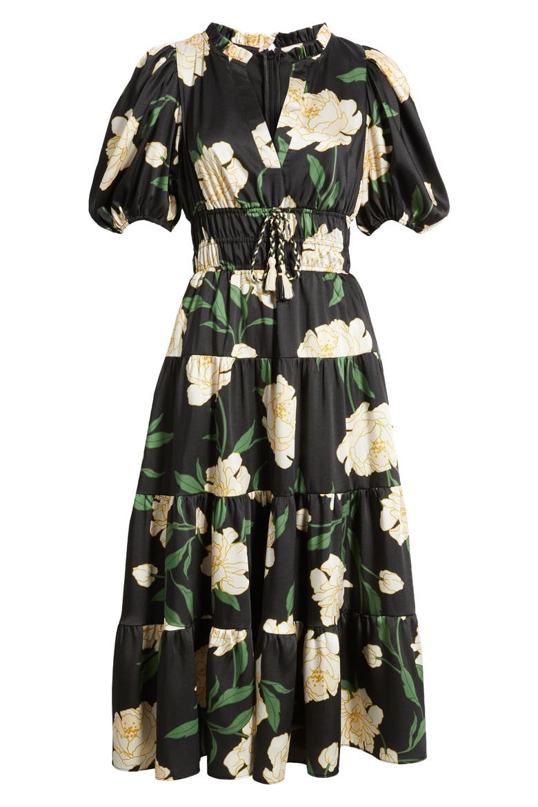 Floral Puff Sleeve Midi Dress, Alternate, color, BLACK MULTI