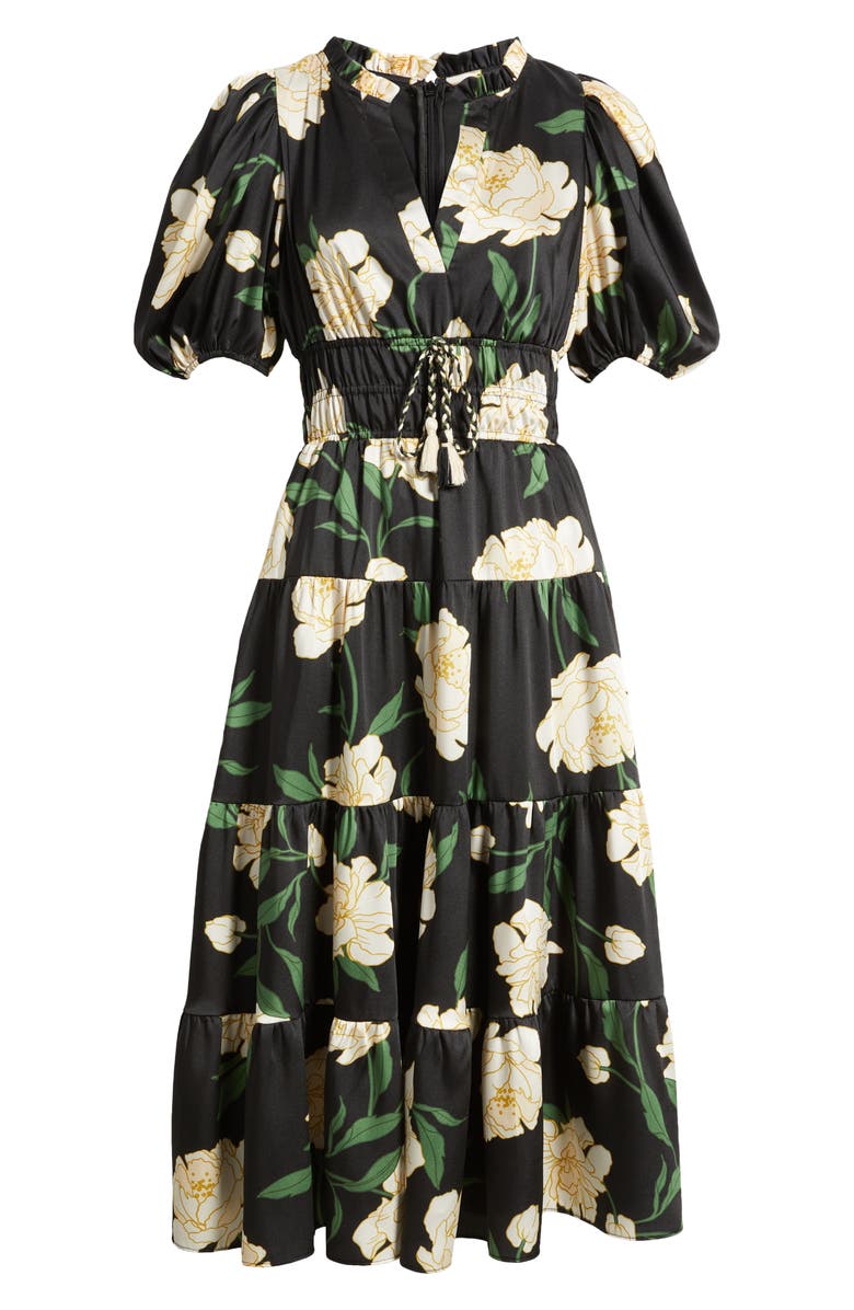 Vince Camuto Floral Puff Sleeve Midi Dress, Alternate, color, Black Multi