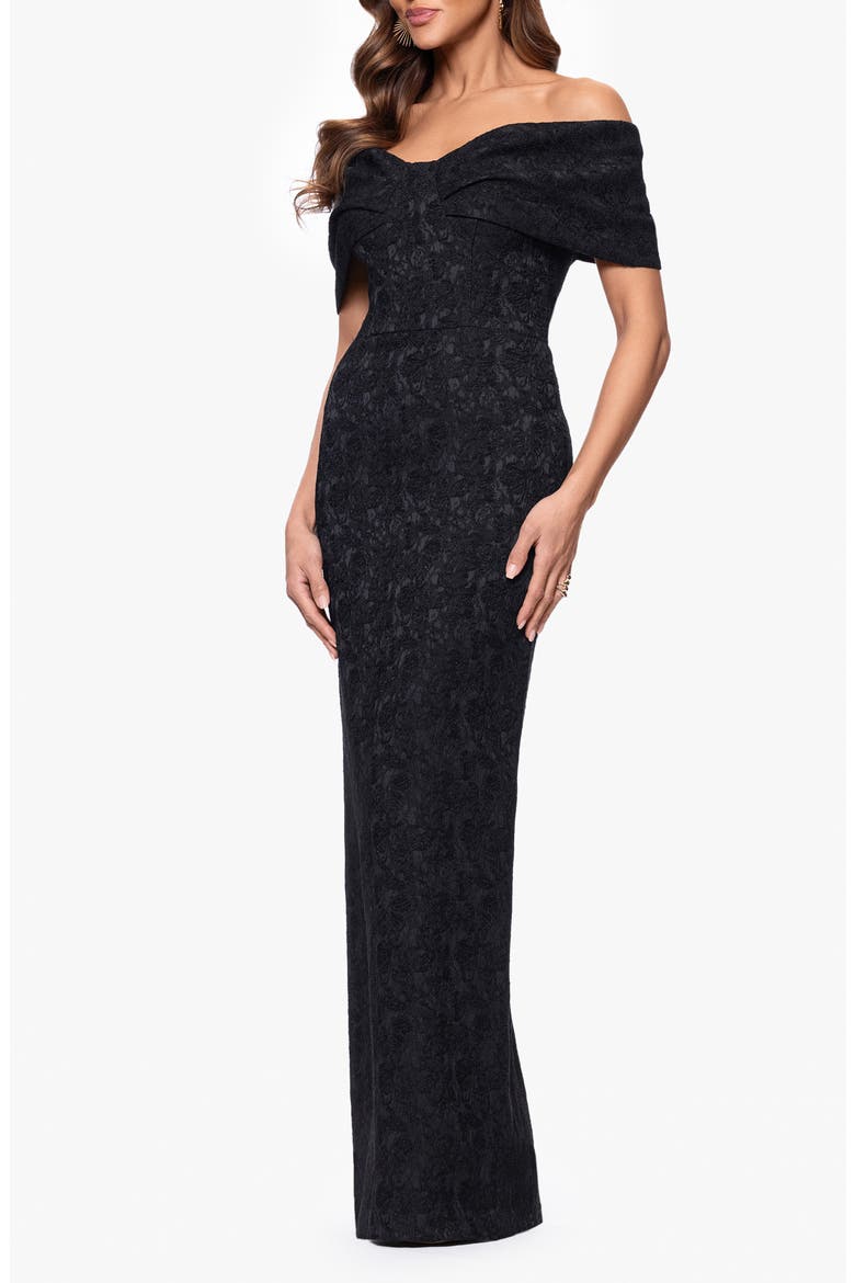 Floral Jacquard Off-the-Shoulder Sheath Gown, Alternate, color, BLACK