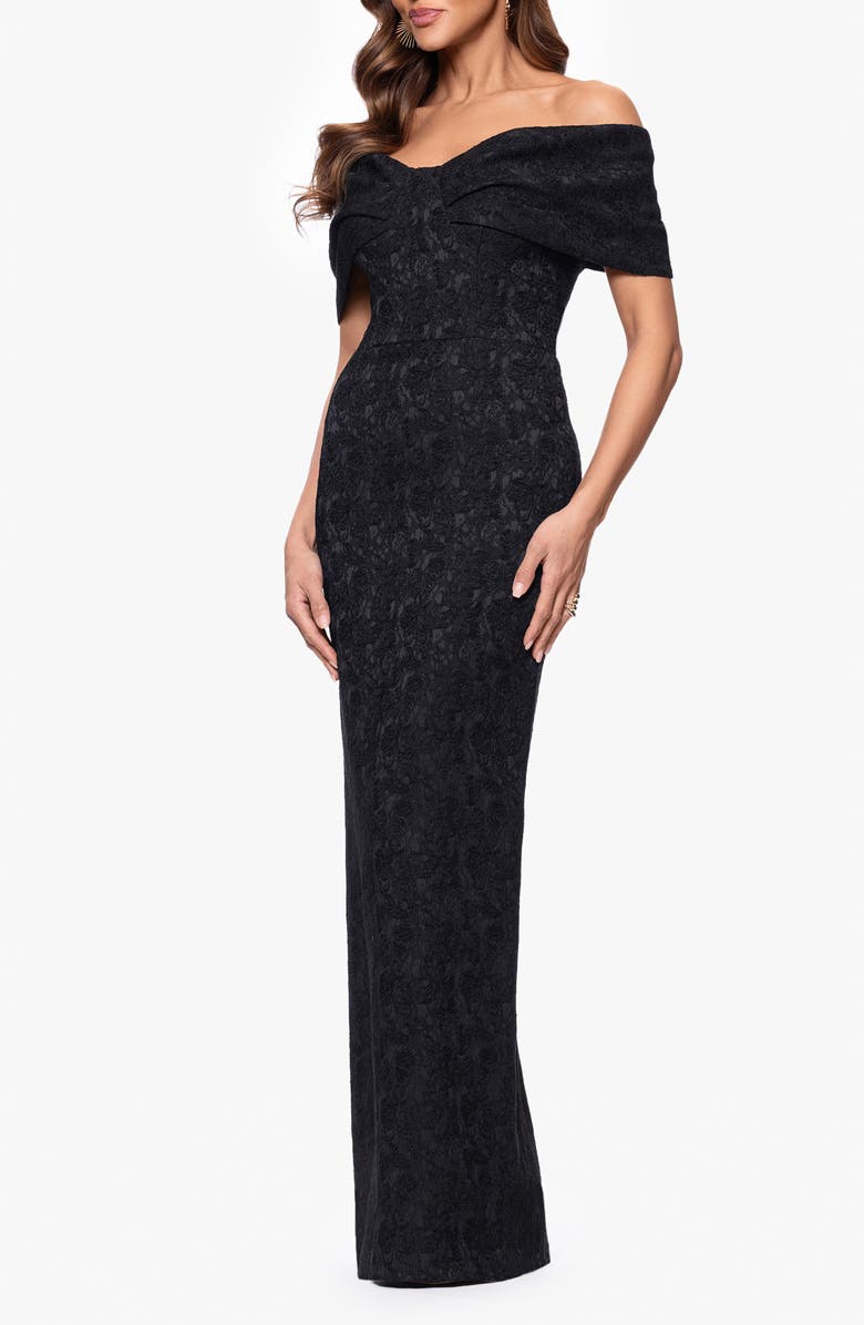 Betsy & Adam Floral Jacquard Off-the-Shoulder Sheath Gown, Alternate, color, Black