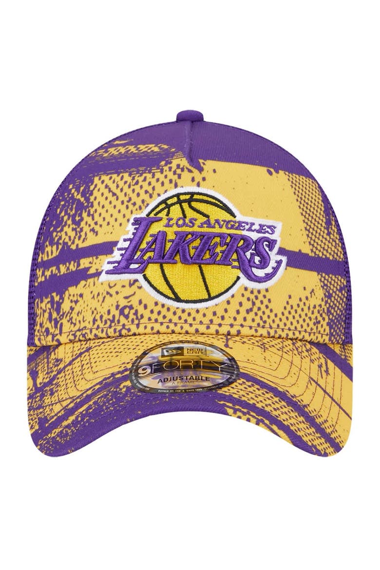 Men's New Era Purple/Gold Los Angeles Lakers Tip Off A-Frame Trucker 9FORTY Adjustable Hat, Alternate, color, Purple