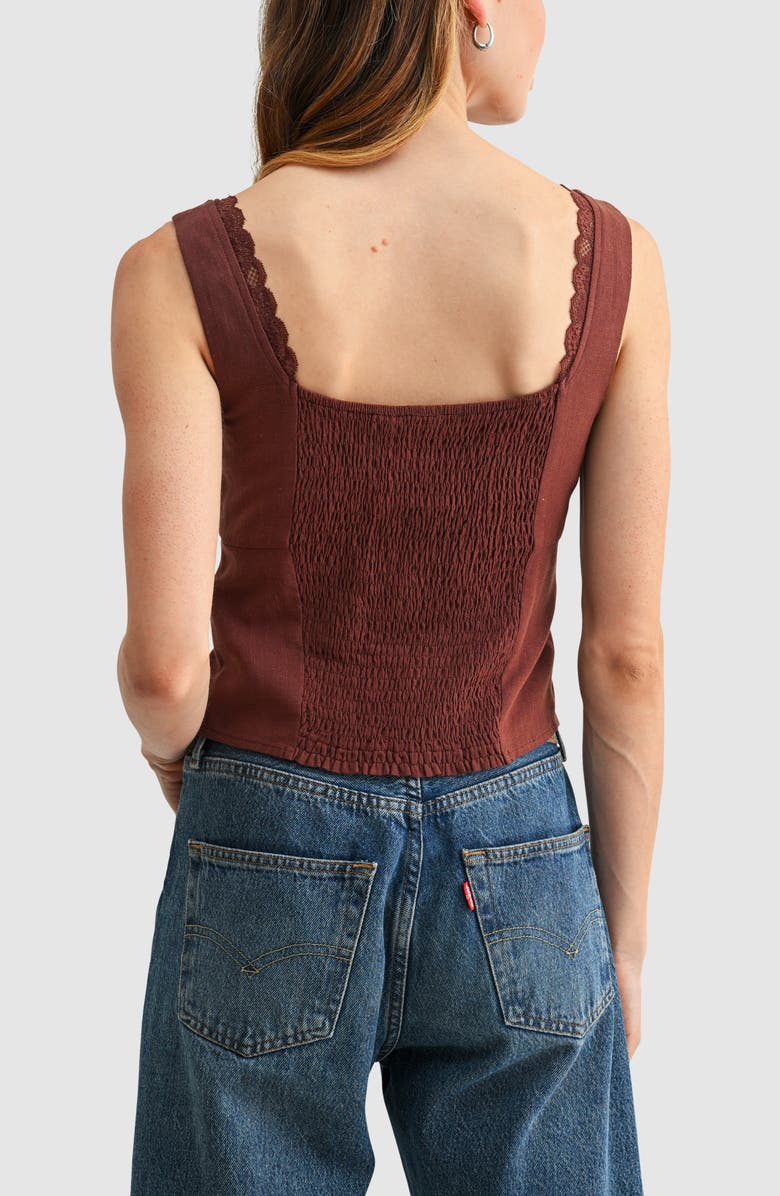 All in Favor Lace Trim Pleated Rayon and Linen Top, Alternate, color, Brown